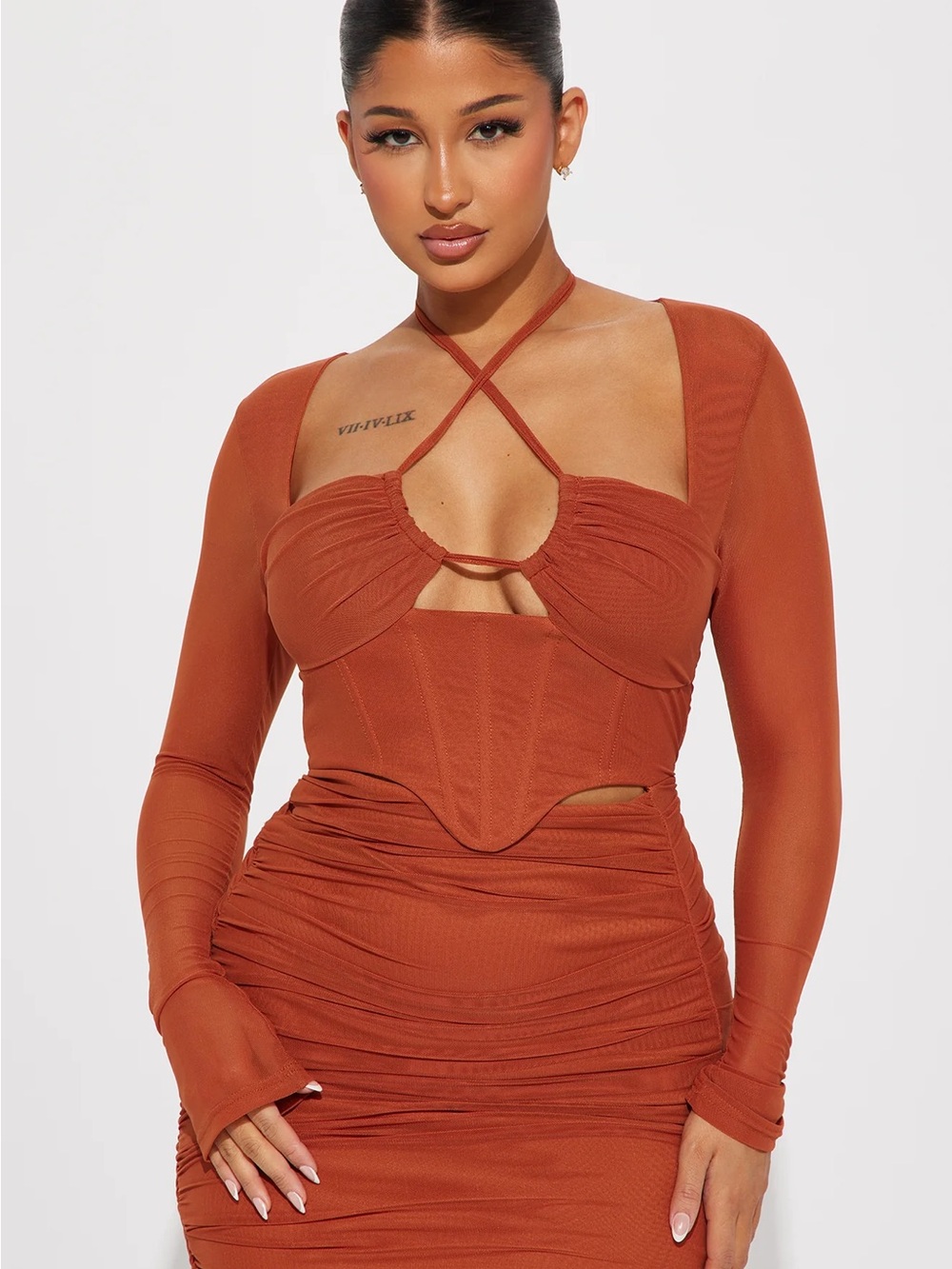 Rust Ruched Long-Sleeve Women's Top with Tie Front
